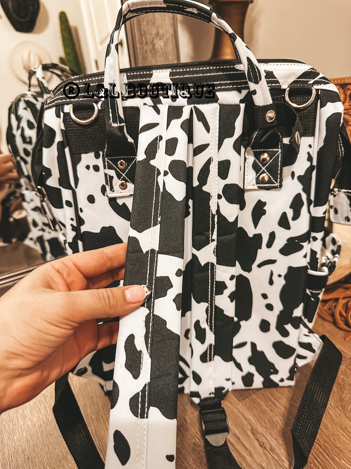 Black Cow Print Diaper Bag