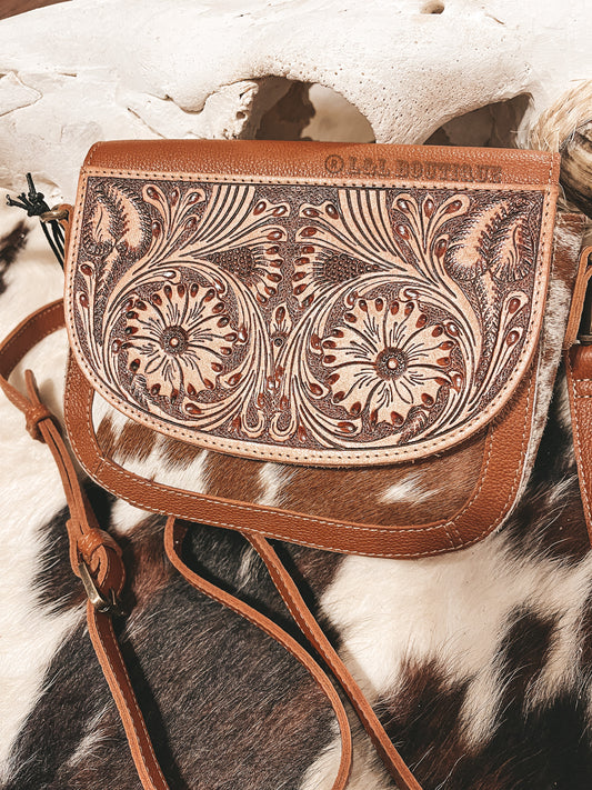 Mini Hand Tooled Cowhide Crossbody Brown