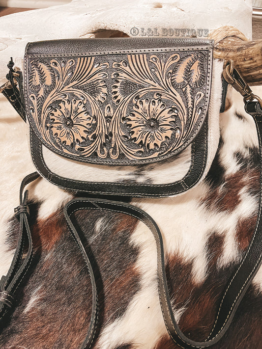 Mini Hand Tooled Cowhide Crossbody Black