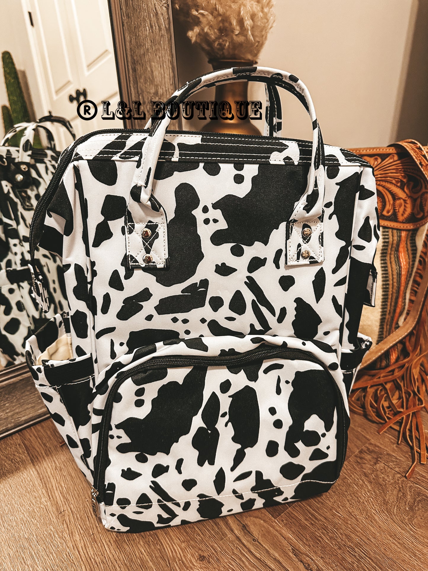Black Cow Print Diaper Bag