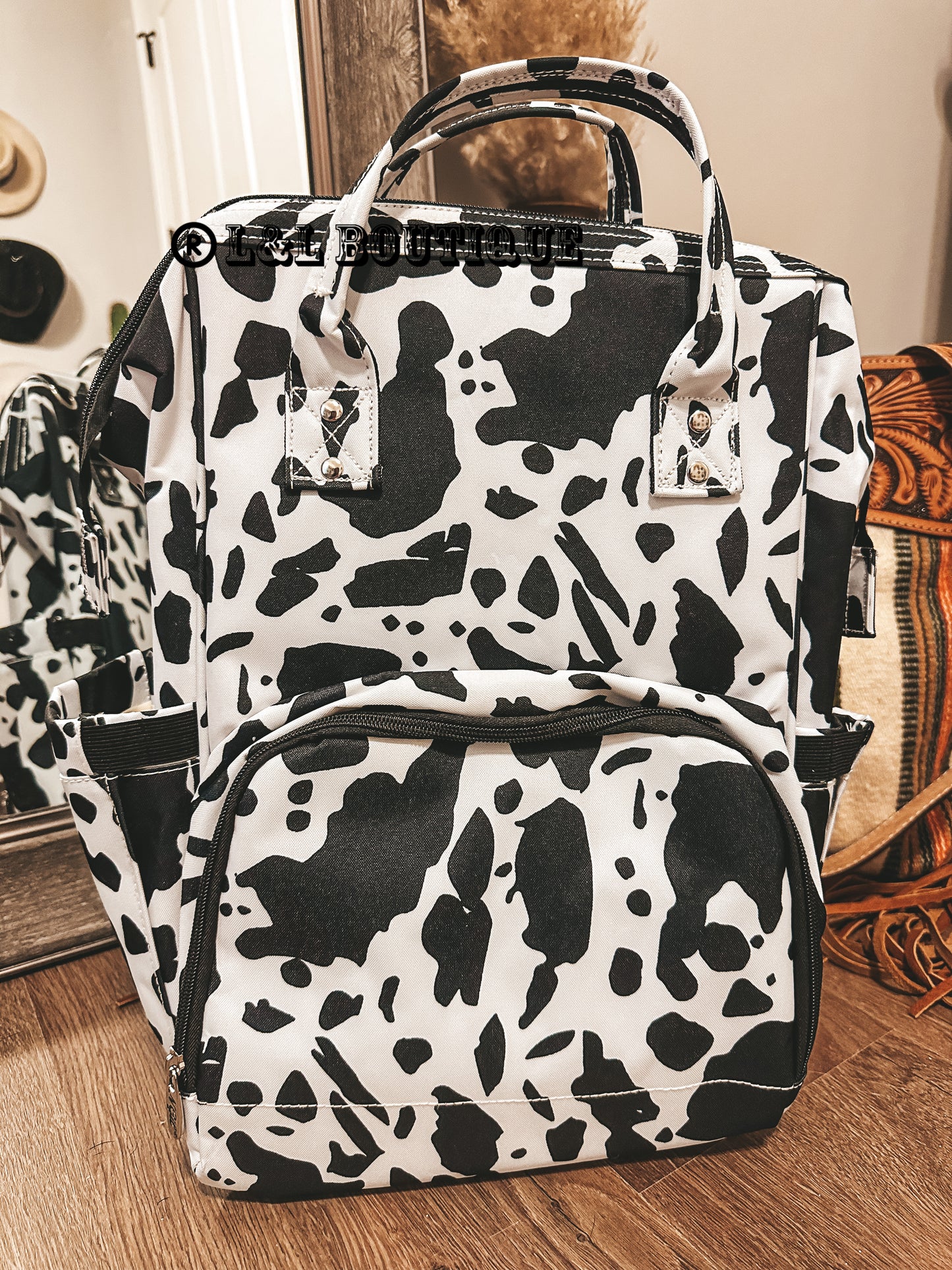 Black Cow Print Diaper Bag