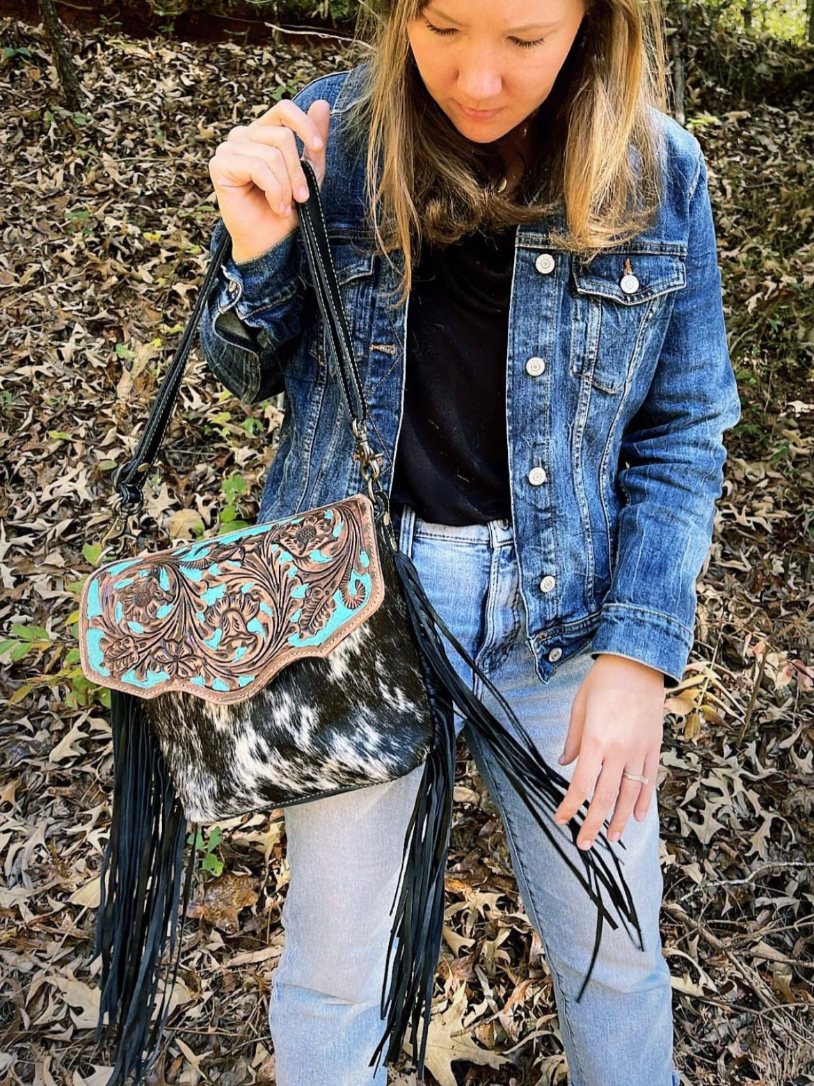 Aqua Cowhide Tooled Leather Crossbody