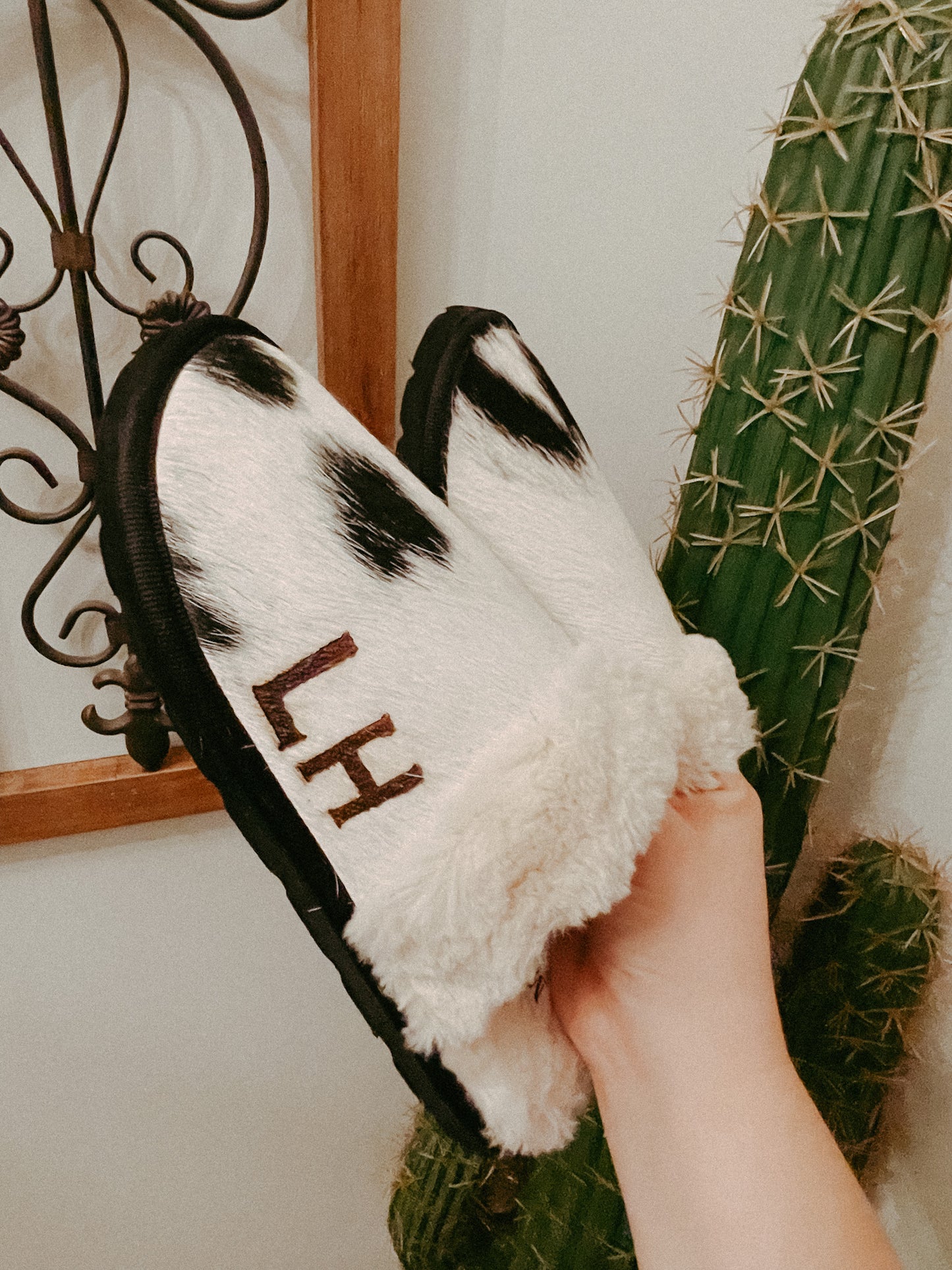 Black Cowhide Slippers