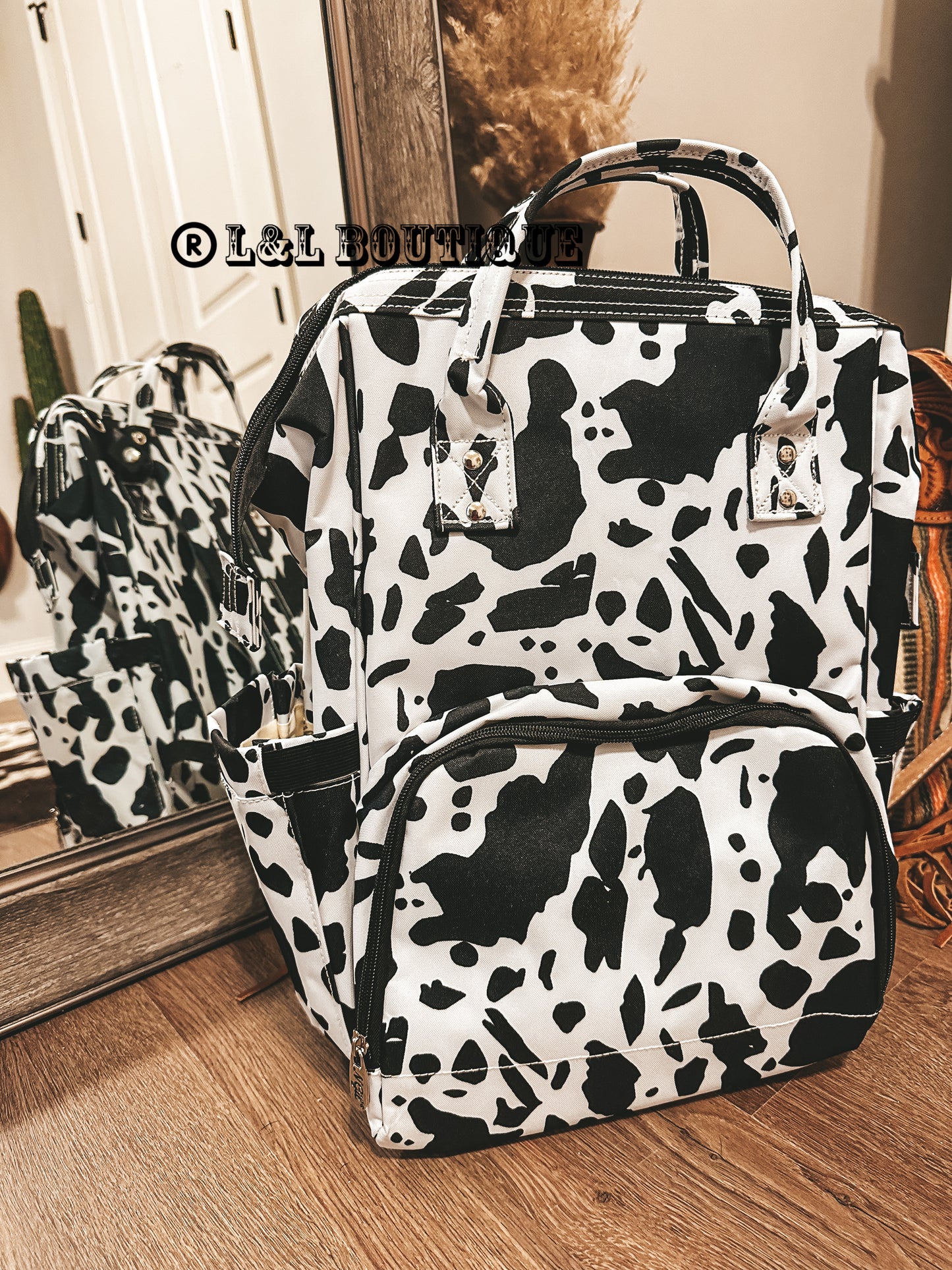 Black Cow Print Diaper Bag