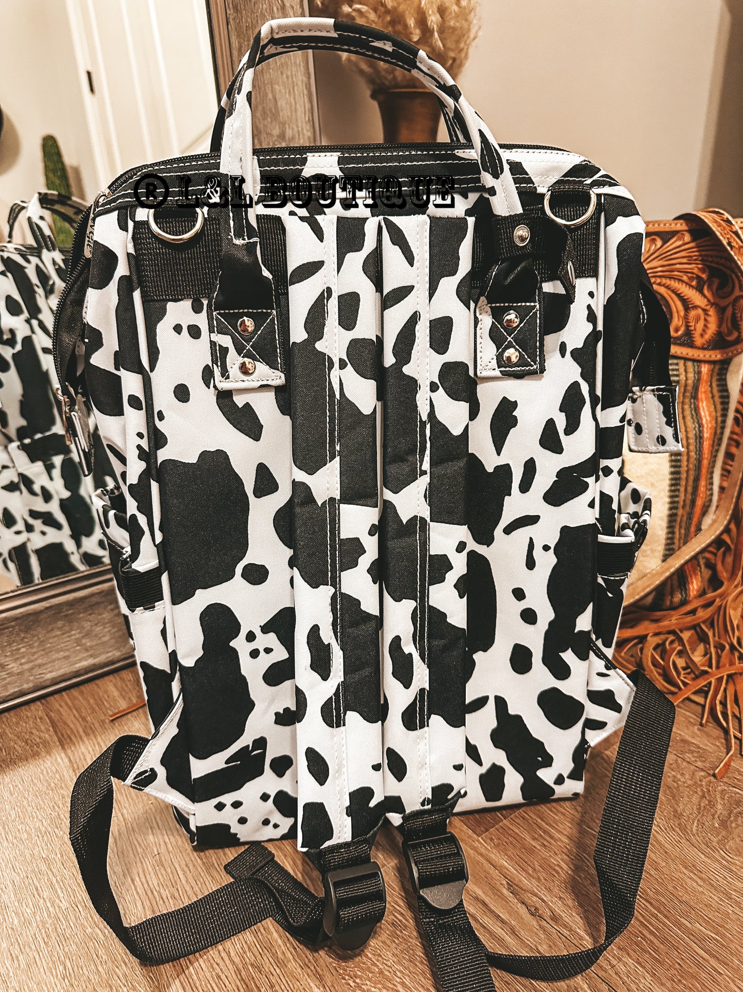 Black Cow Print Diaper Bag