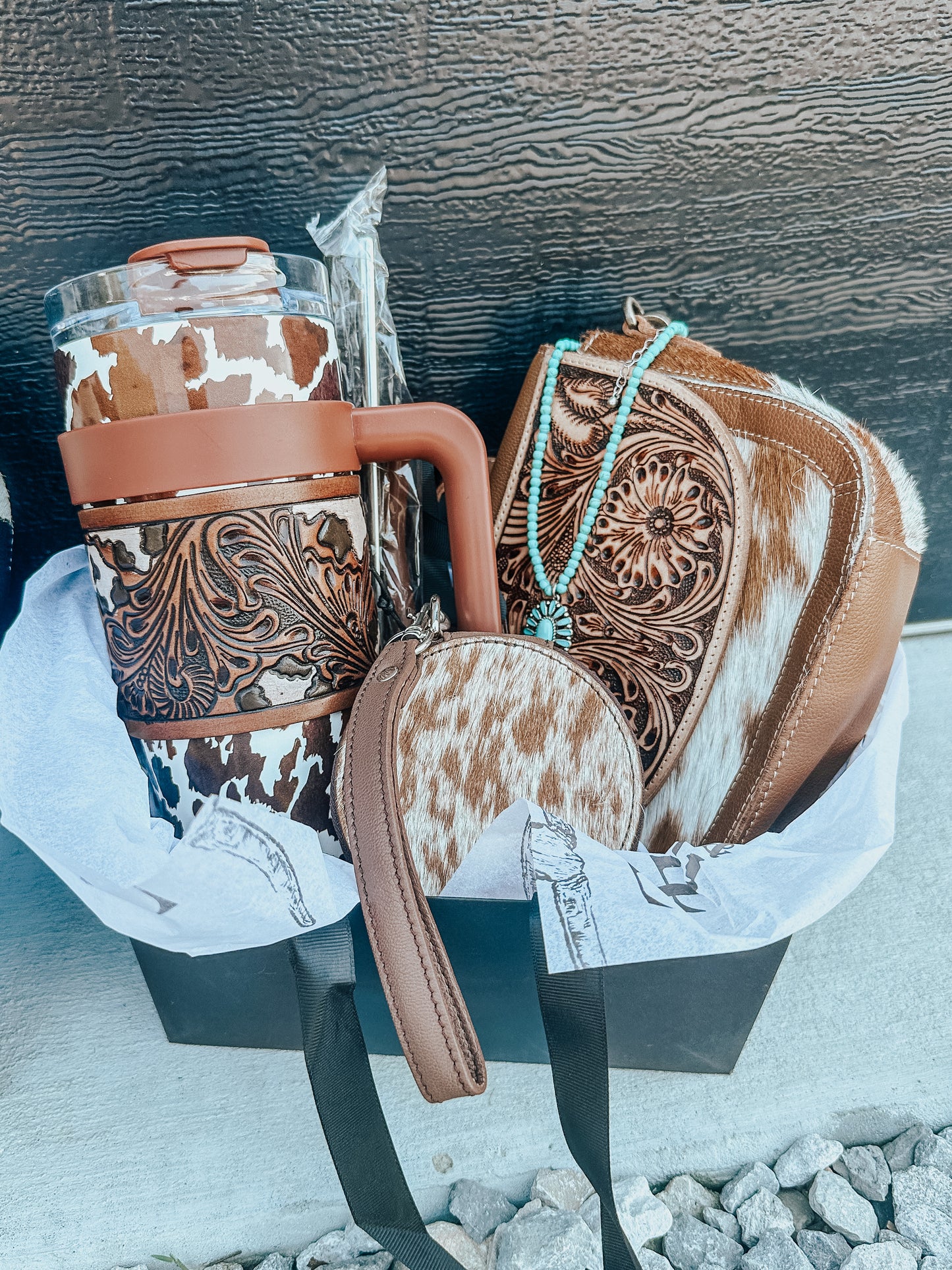 Cowhide Crossbody Christmas Gift Bundle in Tan
