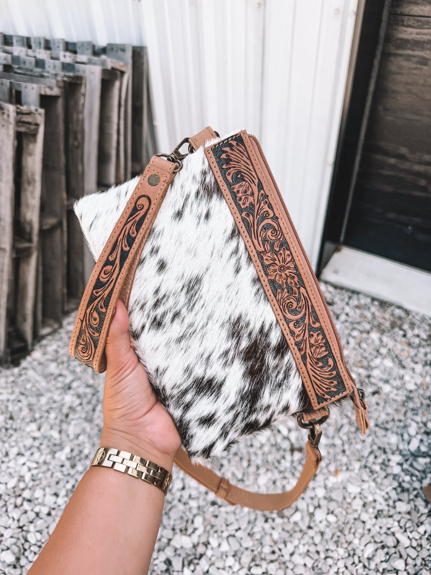 Stone Cowhide & Leather Wristlet Crossbody