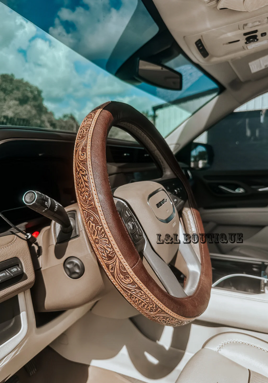 Tooled Leather Steering Wheel Cover in Brown 14 inch