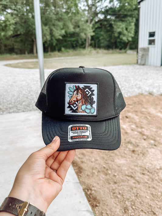 Turquoise Horse Patch Trucker Hat in Black