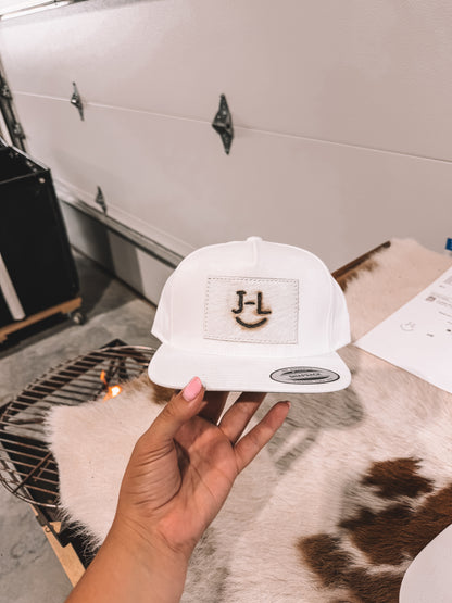 Cowhide Flat Bill Hat White Rectangle PREORDER