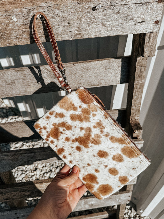 Brown & White Cowhide Wristlet Pouch