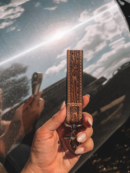 Inlay Tooled Leather & Cowhide Keychain