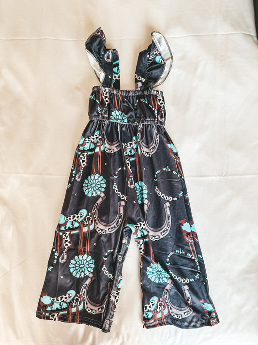 Turquoise & Cow Print Girls Jumpsuit