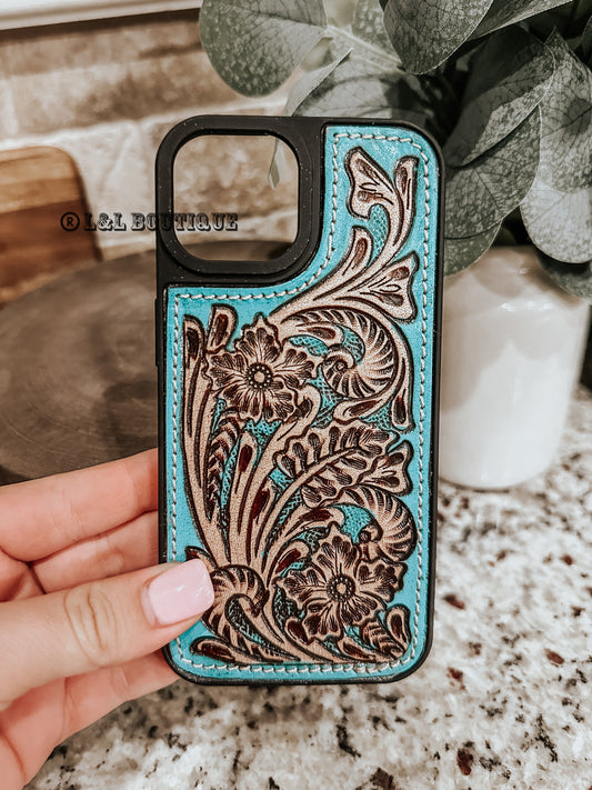 Eagles Turquoise Tooled Leather iPhone 15 Case