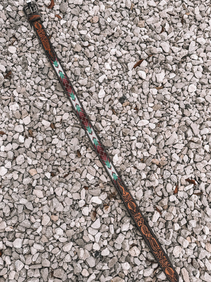 Beaded Leather Belt in Pink