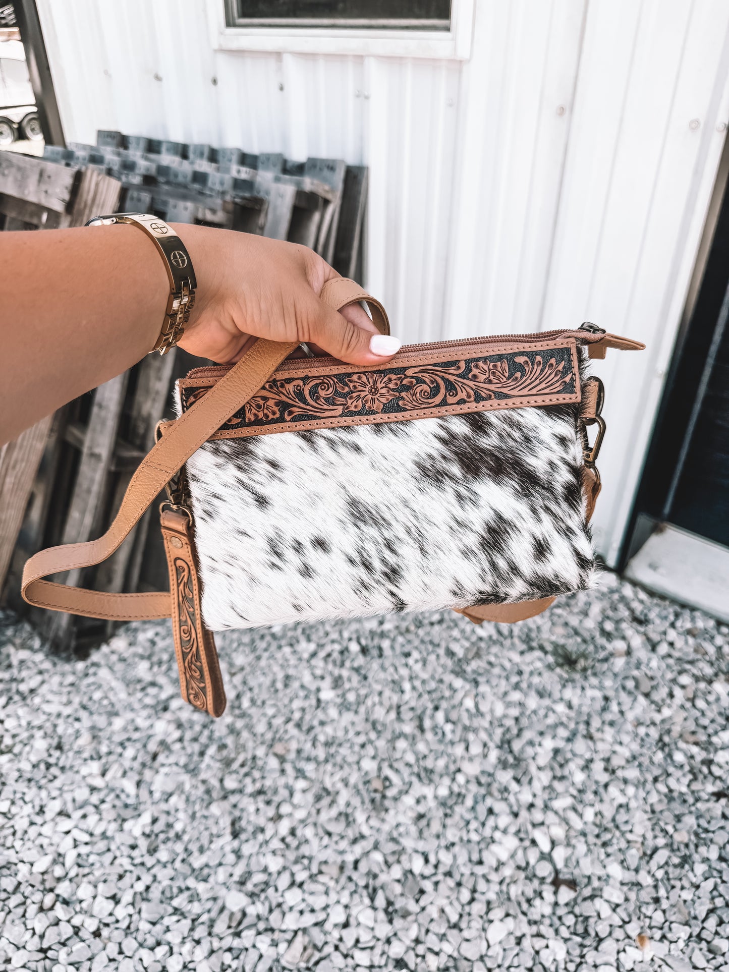 Stone Cowhide & Leather Wristlet Crossbody