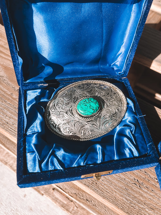 Turquoise & Silver Embossed Belt Buckle - Oval One Stone