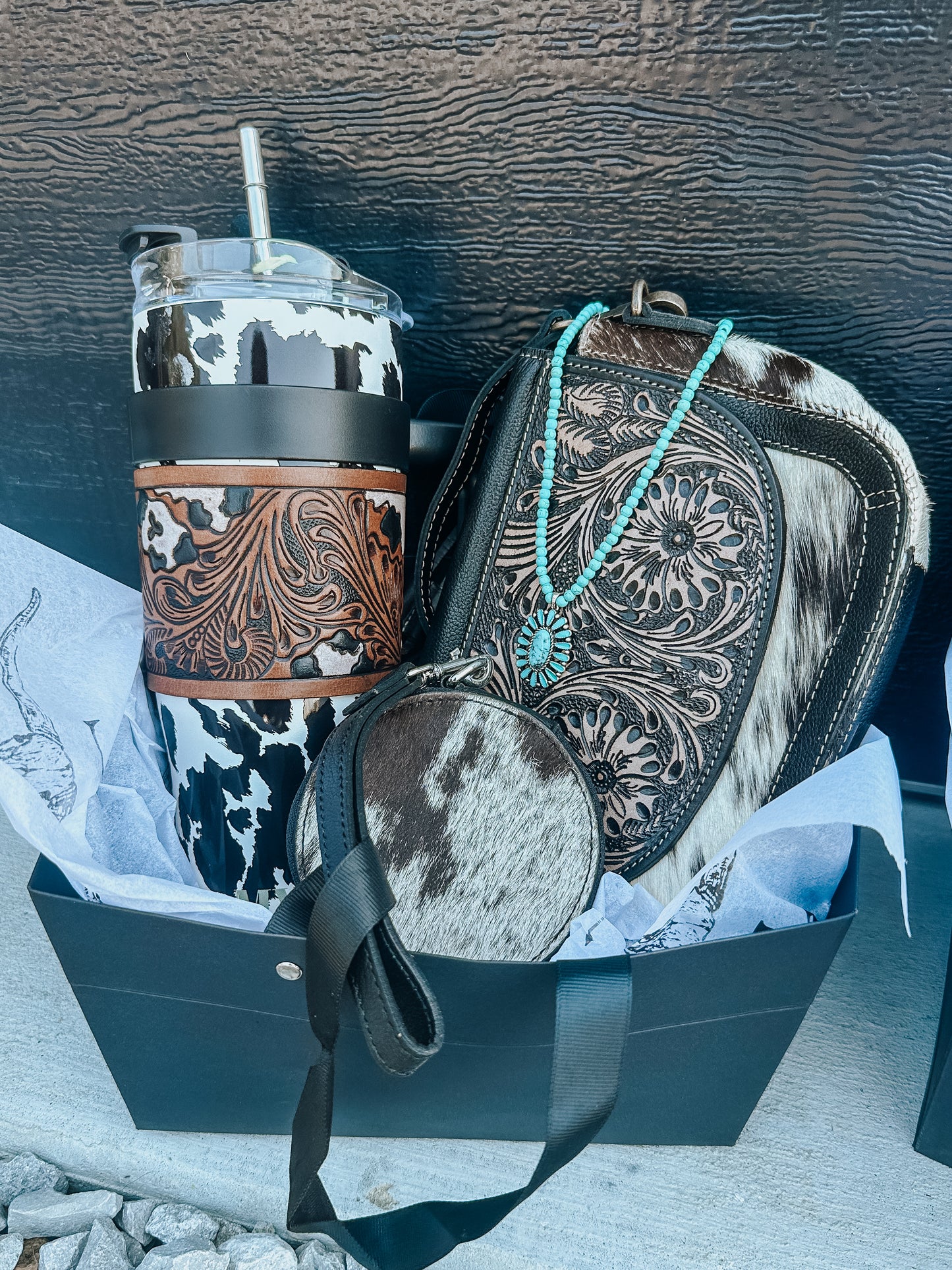 Cowhide Crossbody Christmas Gift Bundle in Black