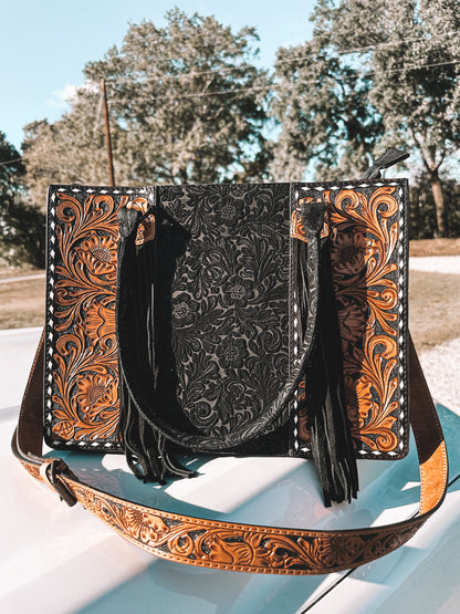 Embossed Midnight Leather Tote Crossbody