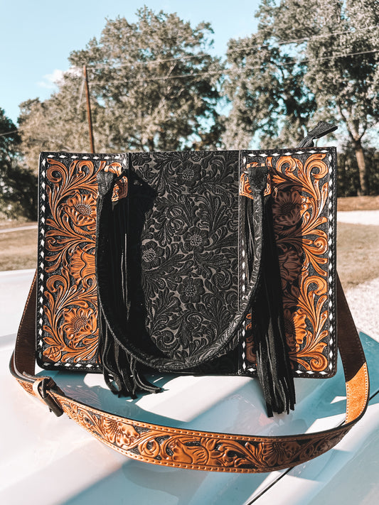 Embossed Midnight Leather Tote Crossbody