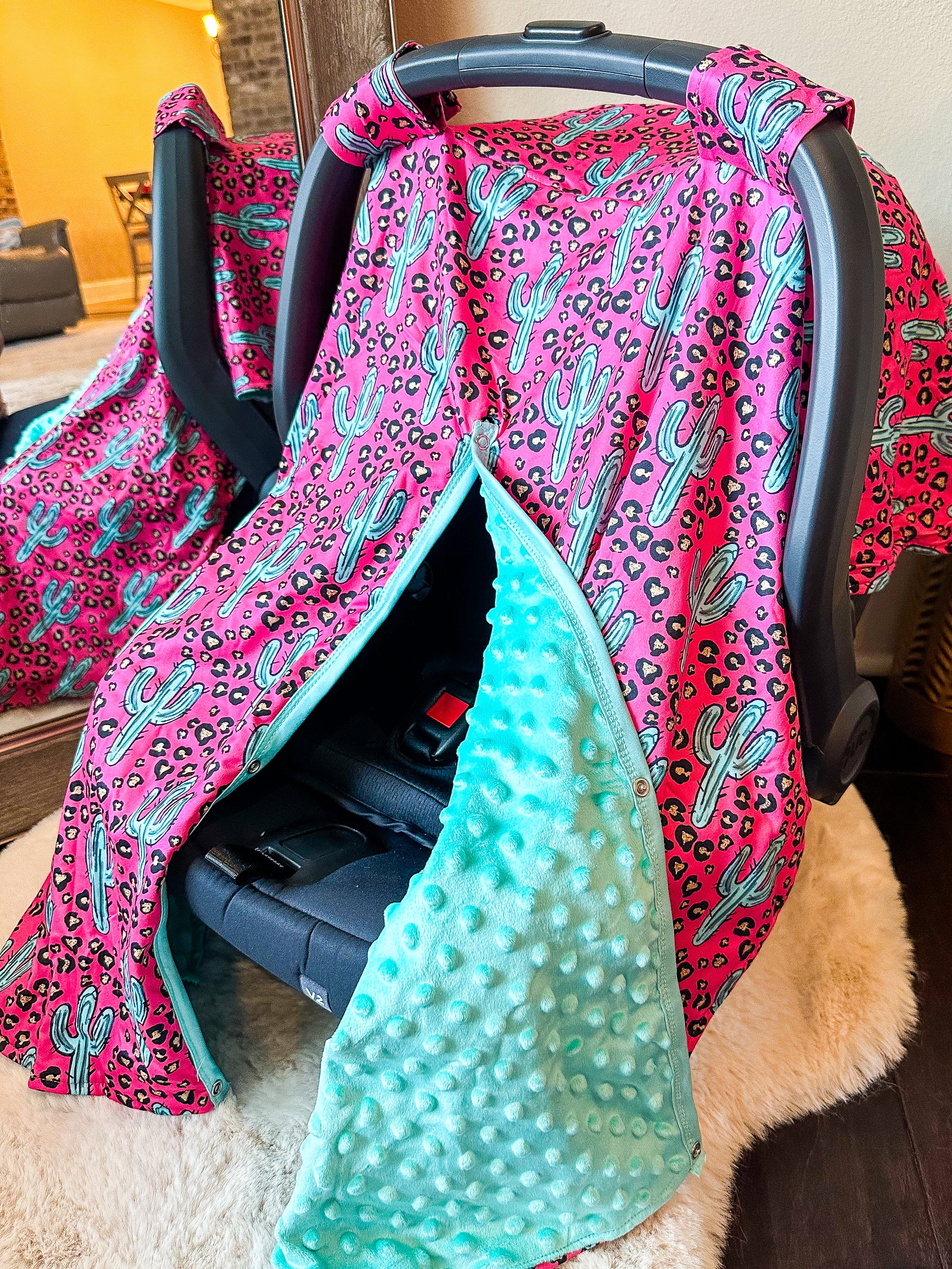 Cow order Print & Teal Minky Car Seat Canopy