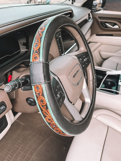 Turquoise Leather Steering Wheel Cover 15 inch