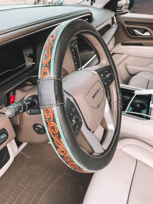 Turquoise Leather Steering Wheel Cover 15 inch