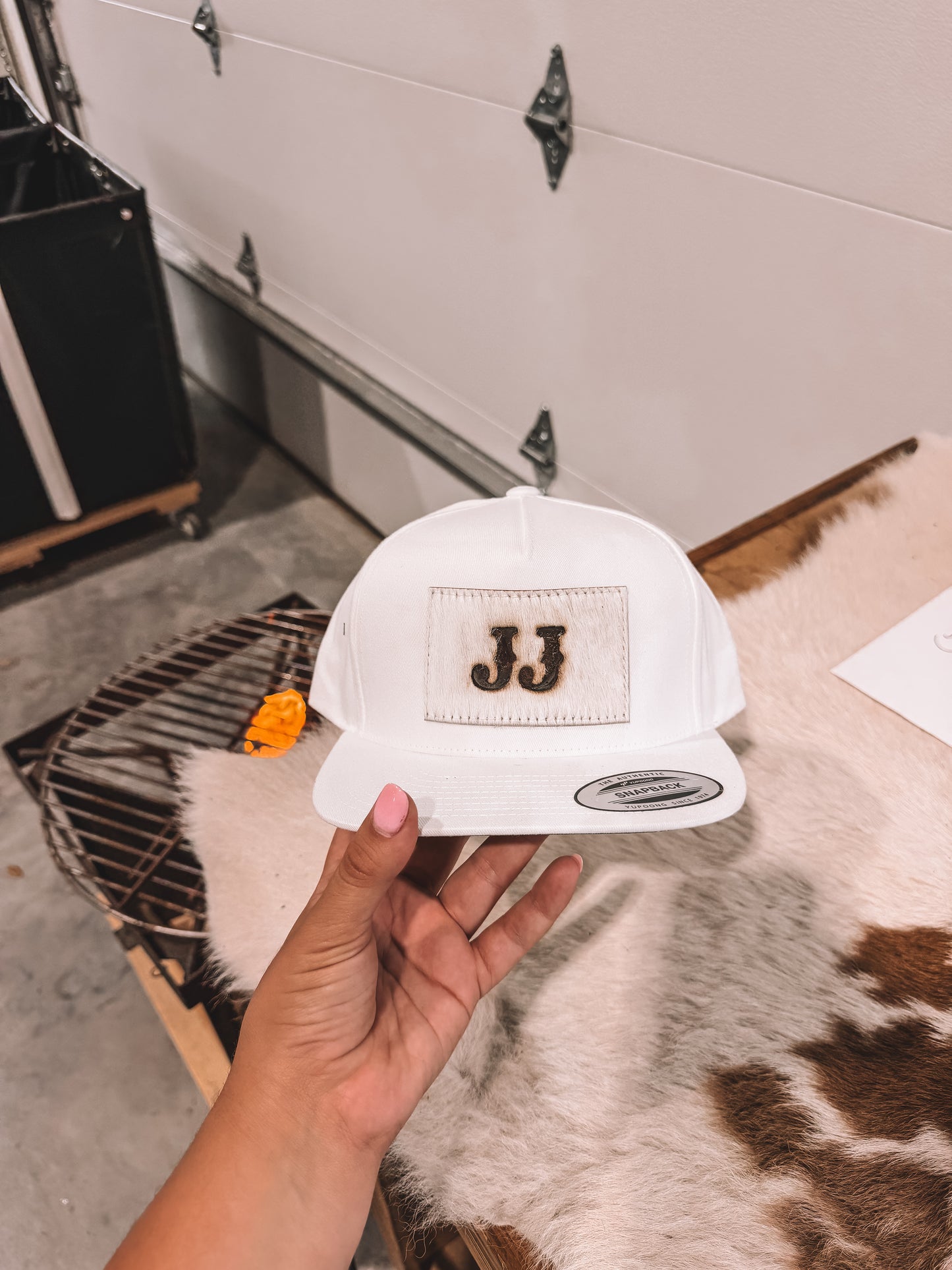 Cowhide Flat Bill Hat White Rectangle PREORDER