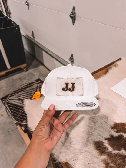 Cowhide Flat Bill Hat White Rectangle PREORDER