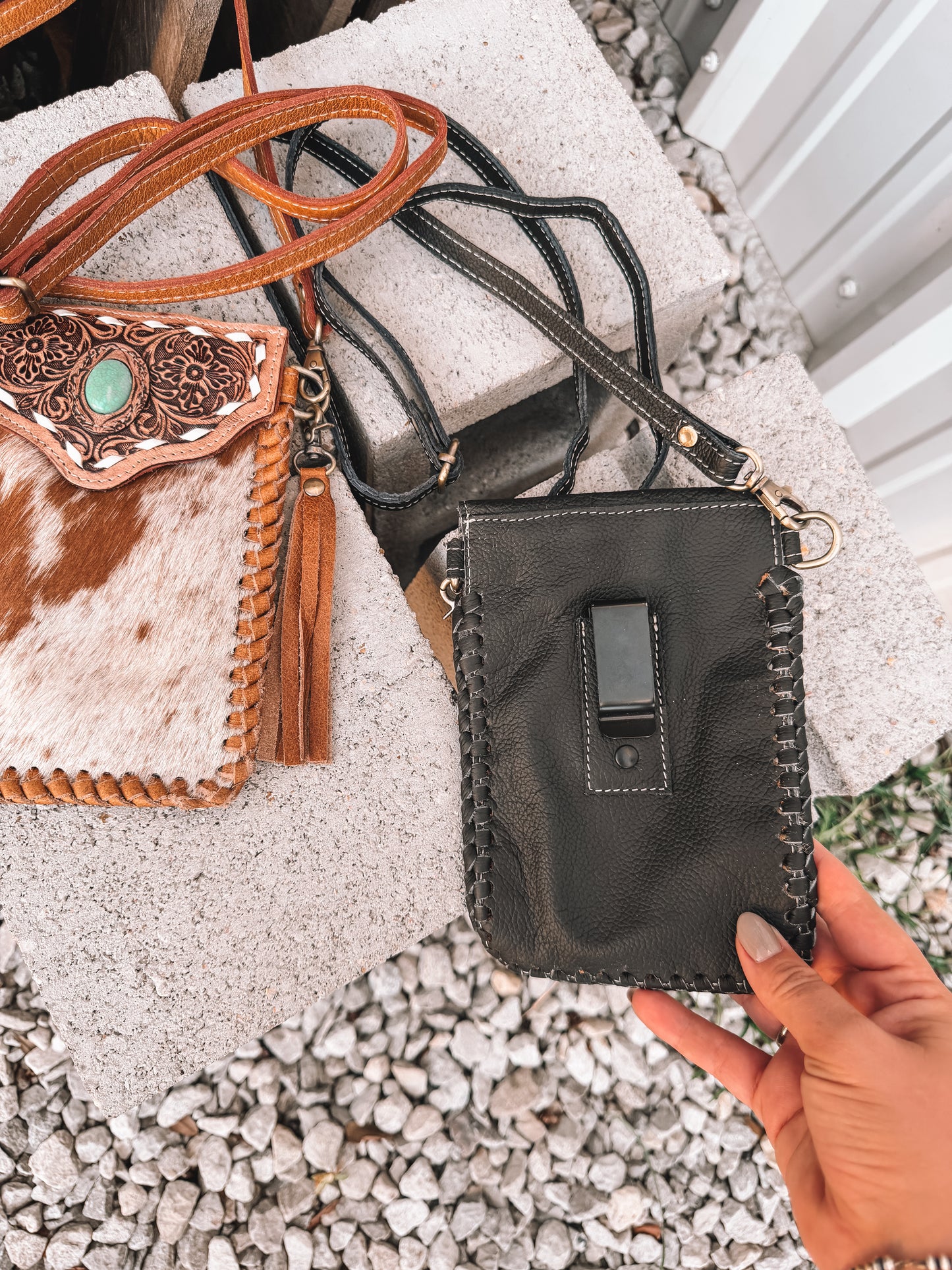 Cowhide & Leather Phone Purse with Turquoise