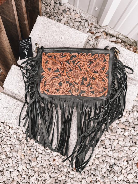 Black Tooled Crossbody