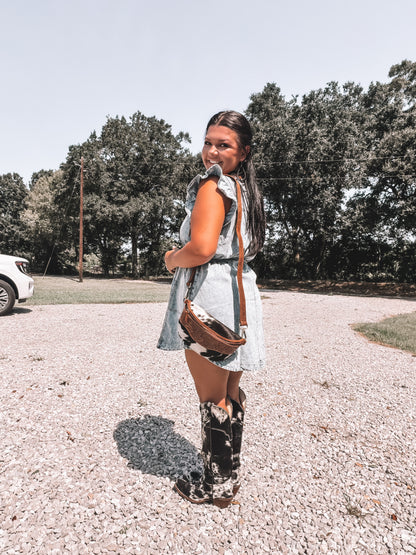 Washed Denim Ruffle Tie Dress