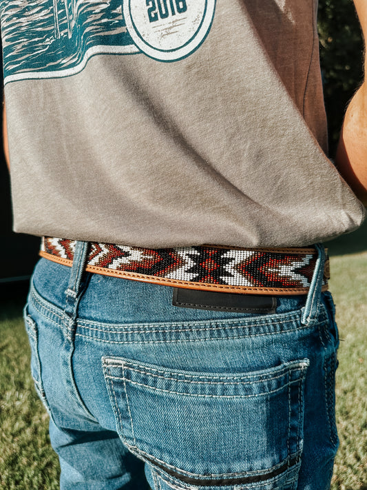 Beaded Leather Belt in Brown