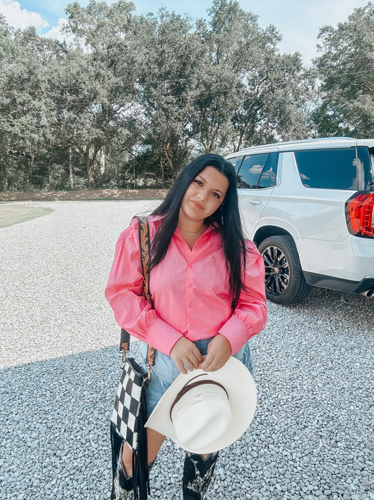 Pink Puff Sleeve Button Down Top