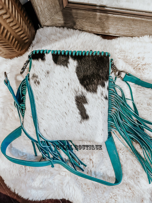 Cowhide Fringe Concealed Carry Crossbody in Turquoise