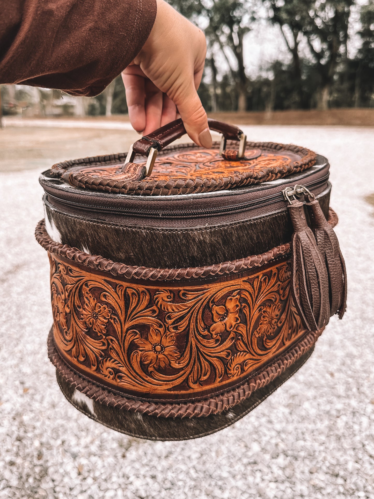 Braided Cowhide & Tooled Leather Accessory Bag in Brown