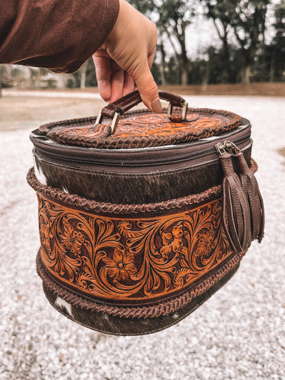 Braided Cowhide & Tooled Leather Accessory Bag in Brown