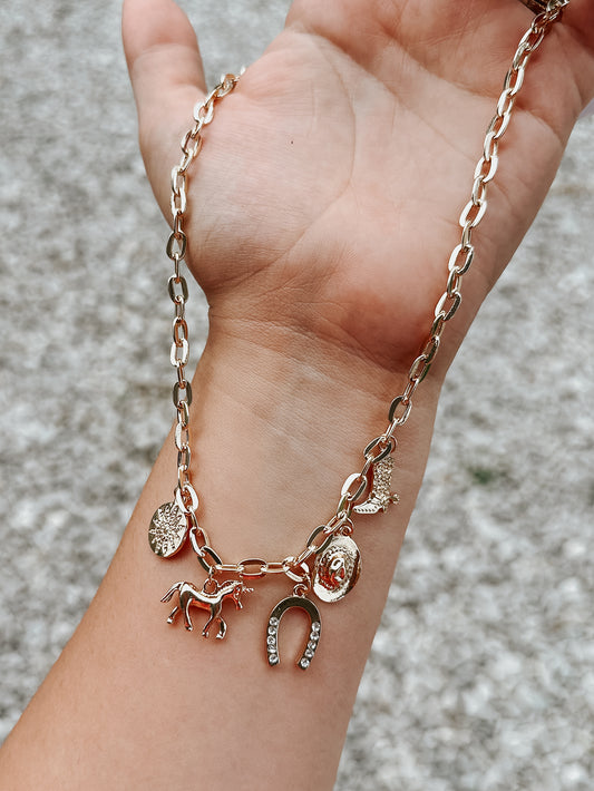 Gold Charm Necklace - Sparkly Horseshoe