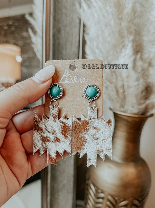 Cowhide Turquoise Aztec Earrings * Black Friday