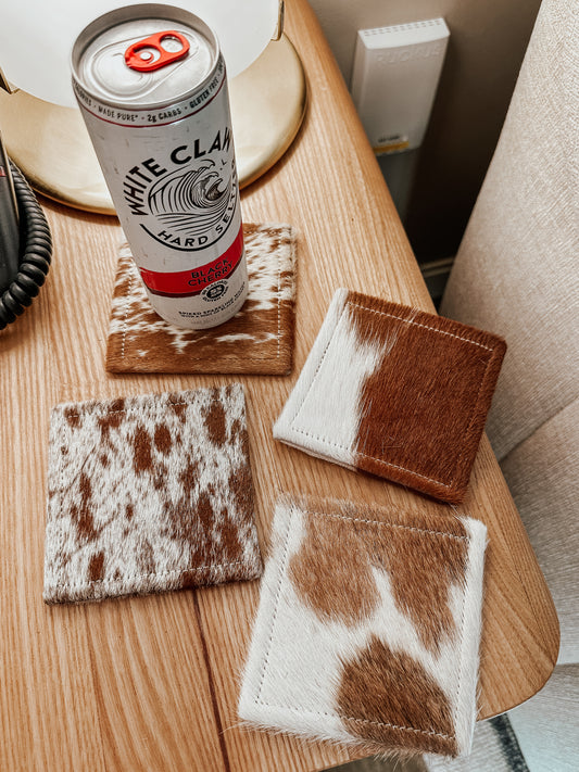 Square Cowhide Coasters in Tan