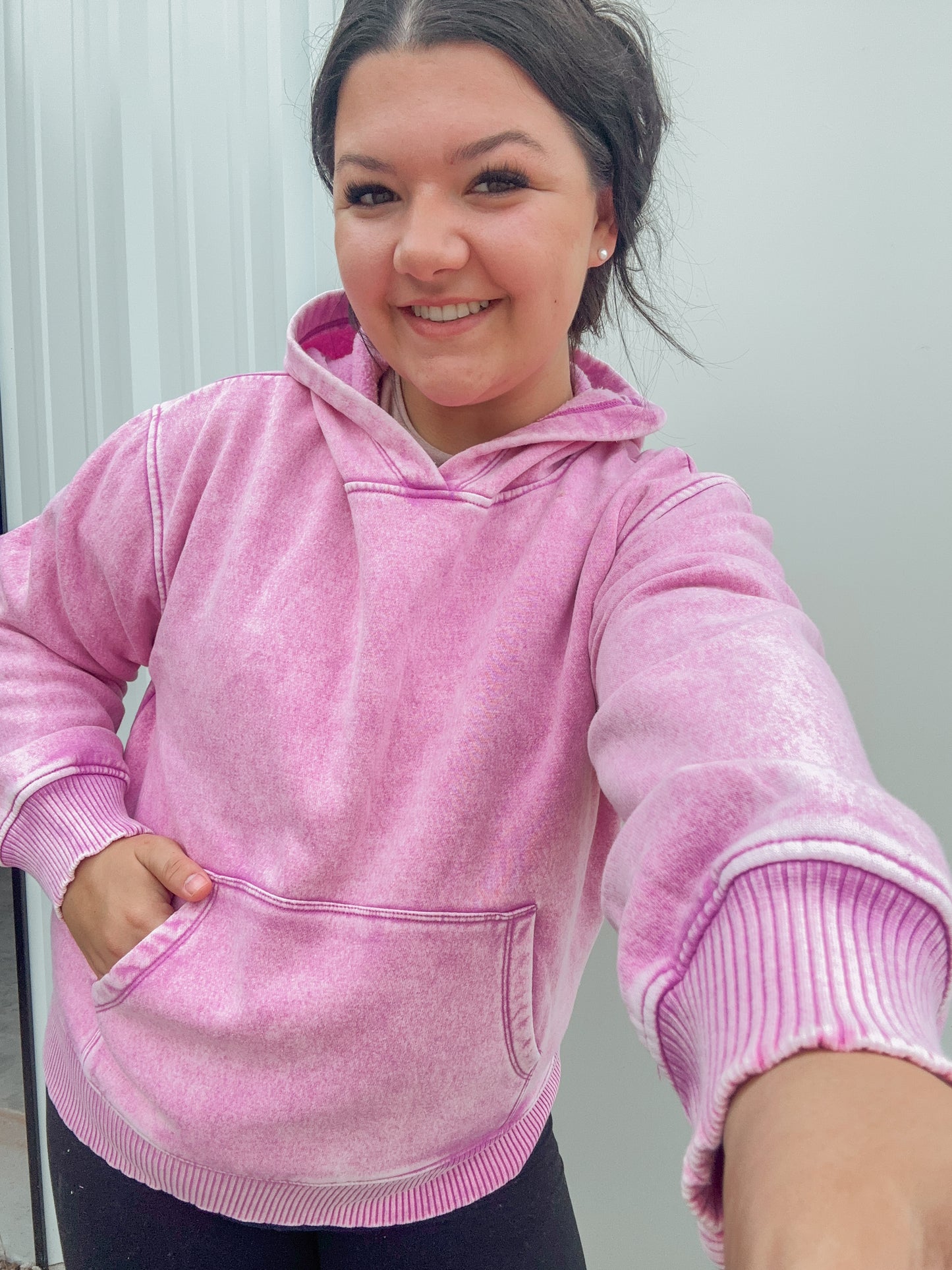 Washed Fleece Hoodie with Pockets in Pink