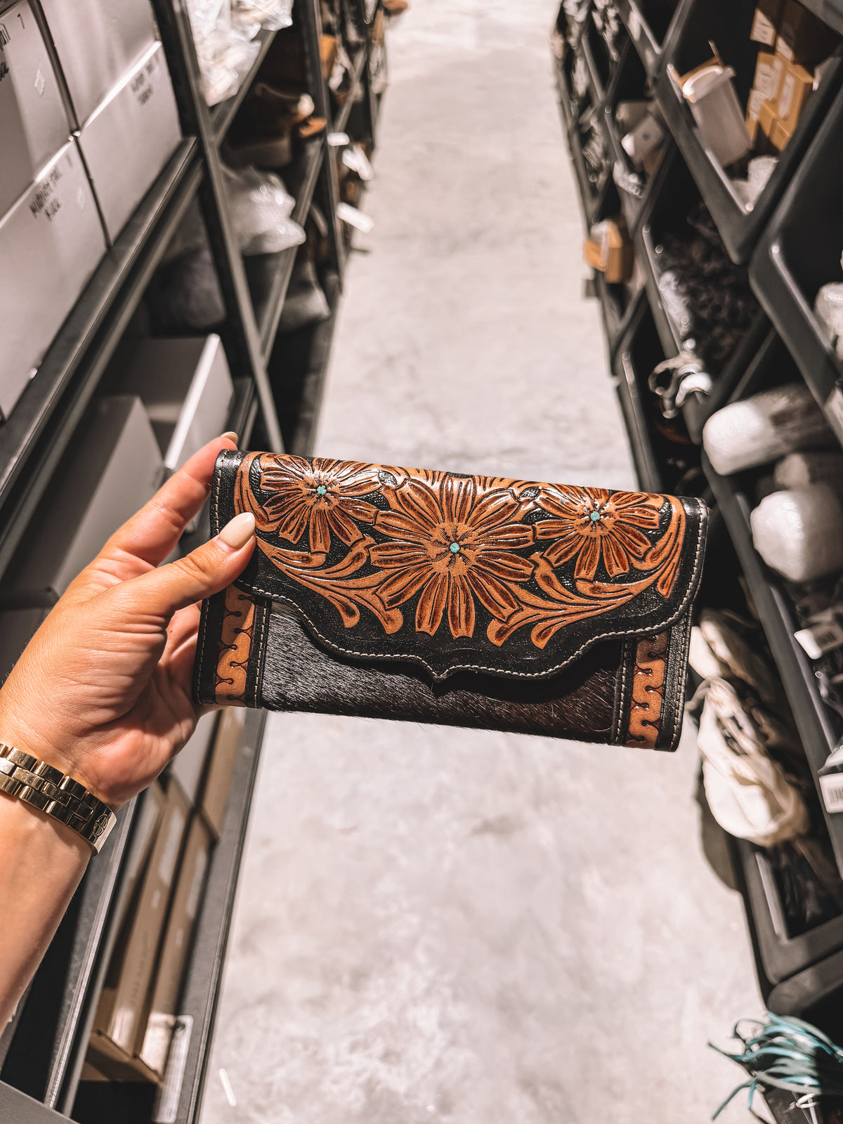 Cowhide Wallet With Floral Flap