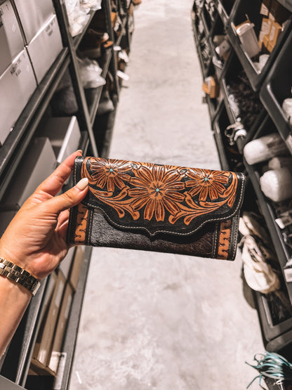 Cowhide Wallet With Floral Flap