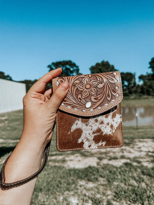 Cowhide & Tooled Leather Pocket Wristlet