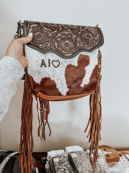Brown Blossom Hand Tooled Cowhide Crossbody