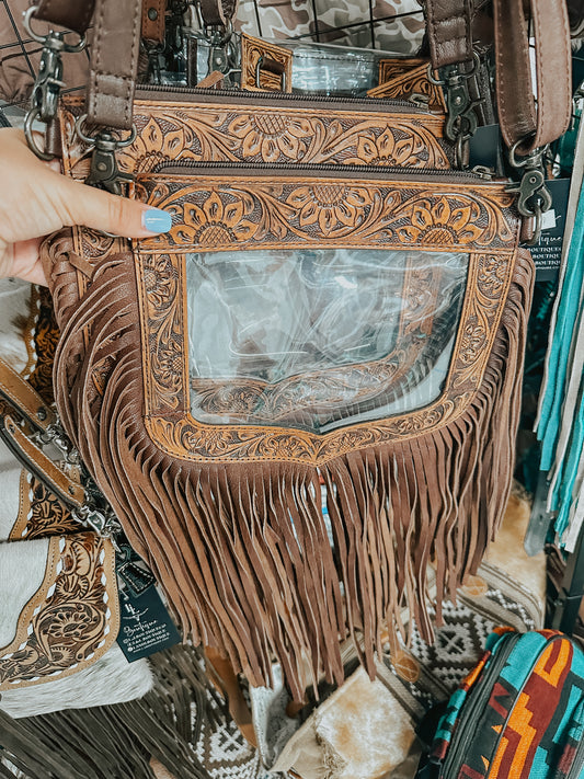 Tooled Leather Fringe Stadium Bag