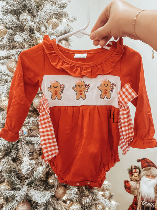 Red Gingerbread Christmas Bow Onesie