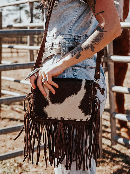 Cowhide Stitched Tassle Crossbody