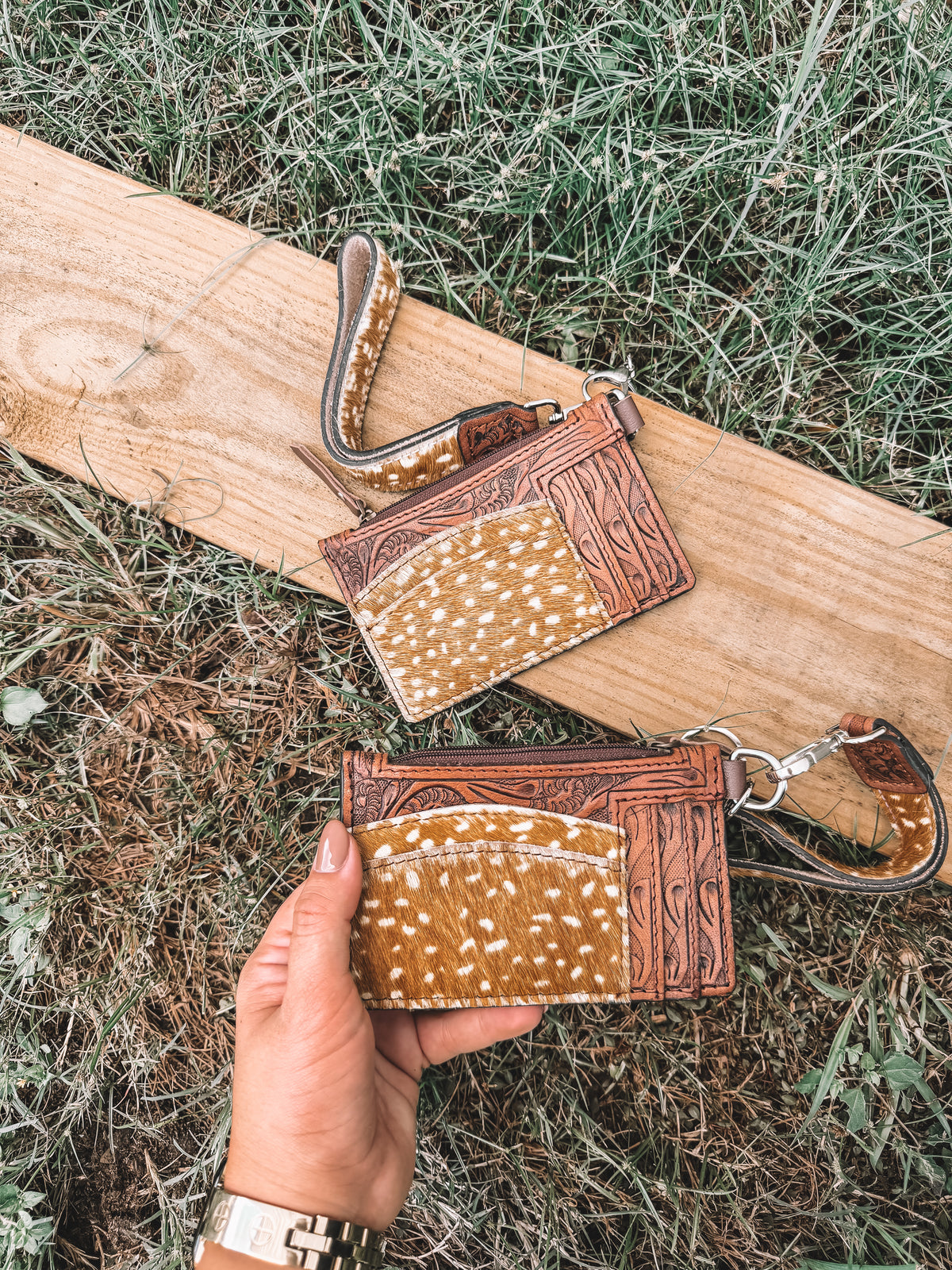 Fawn & Leather Card Holder Wristlet Keychain