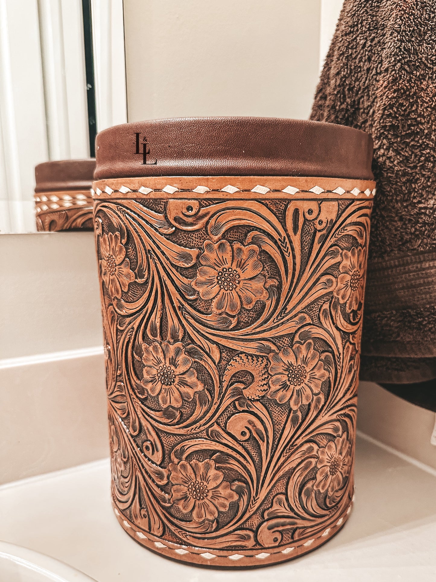 Tooled Leather Trash Can